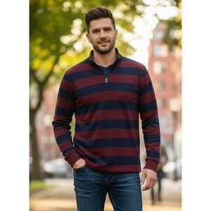 ODA Rugby Shirt Men's 2XL Maroon Blue Striped Long Sleeve 1/4 Zip‎ Preppy NEW